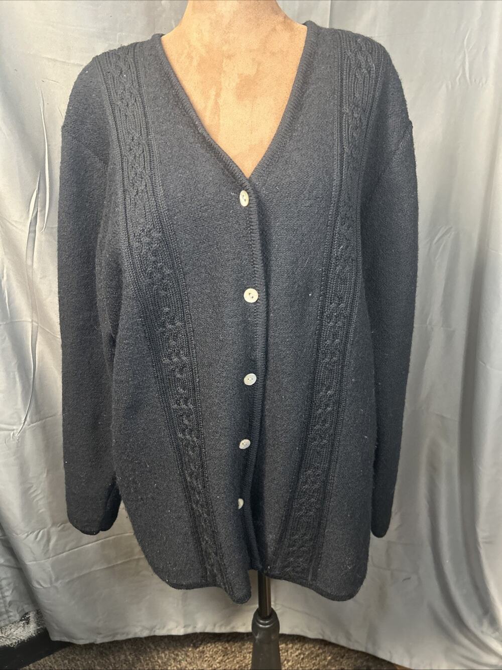 Vtg Karen Scott Pure Wool Cardigan Sweater Black Cable Knit V-Neck Women XL